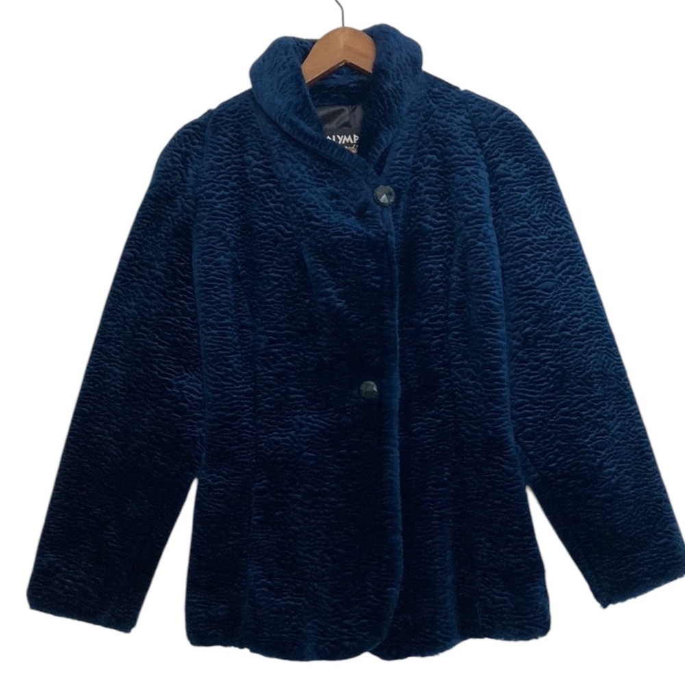 Olympia Faux Fur Coat Women Small Navy Blue Plush Short Pinch Waist Party Jacket